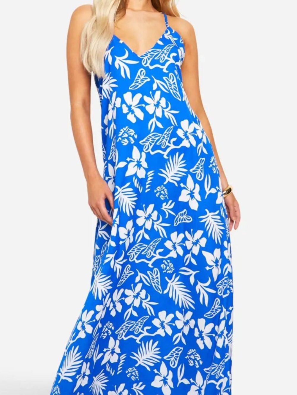 Boohoo Blue & White Floral Maxi Sheer Slip Dress